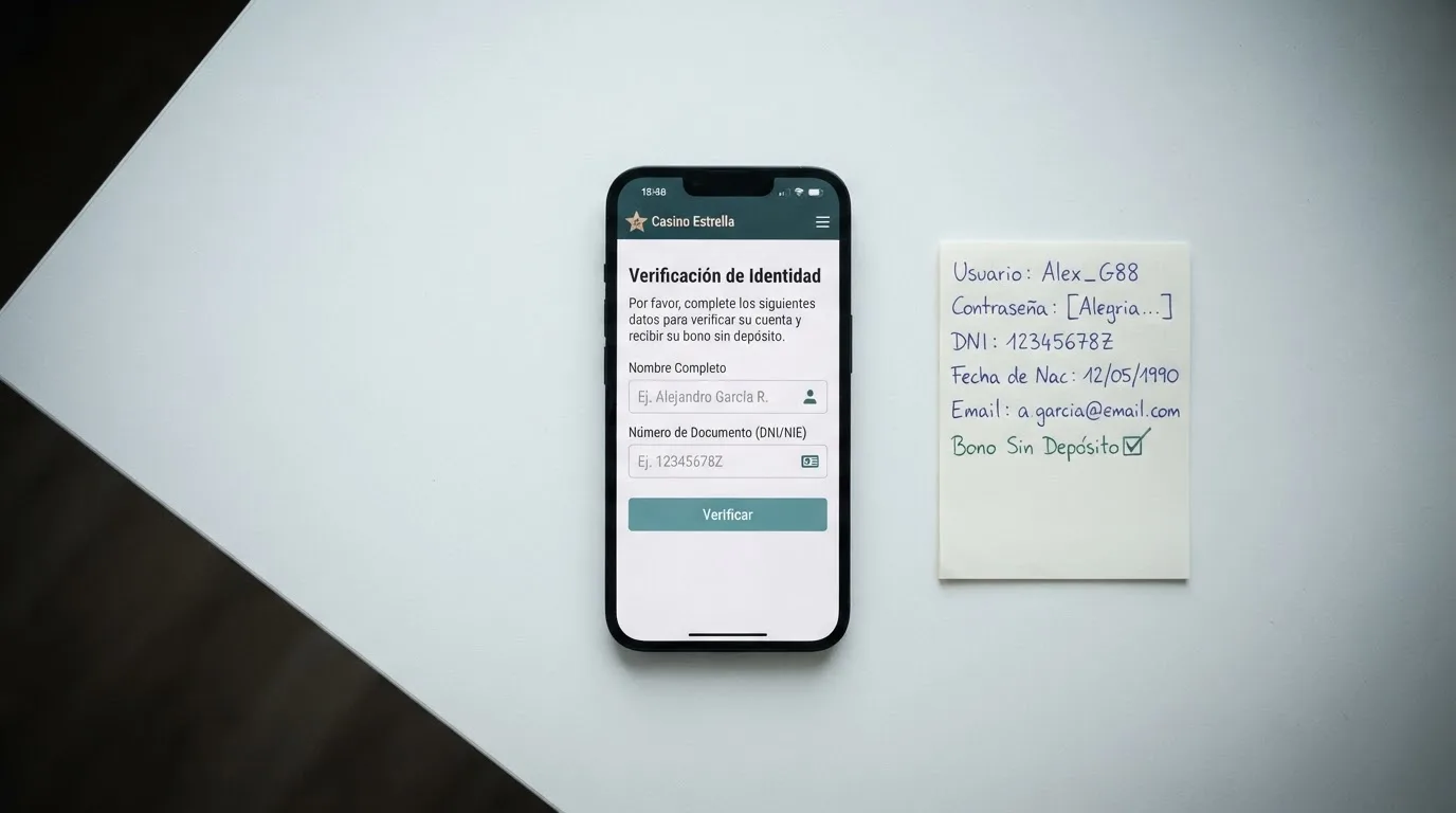 Interfaz de activación de un bono sin depósito en un casino online español, con los campos de verificación KYC visibles.