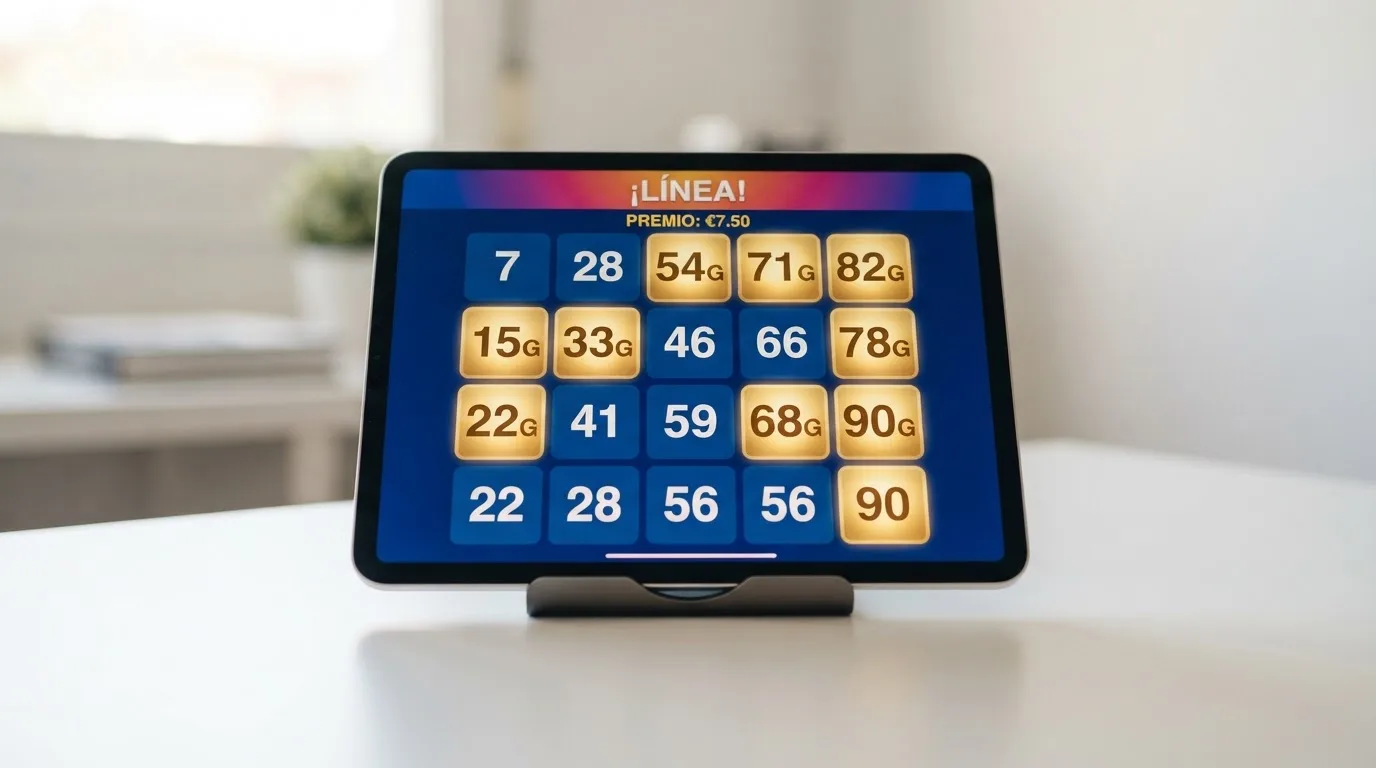 Cartón de bingo de 90 bolas en pantalla con números ya marcados automáticamente y premio de línea resaltado