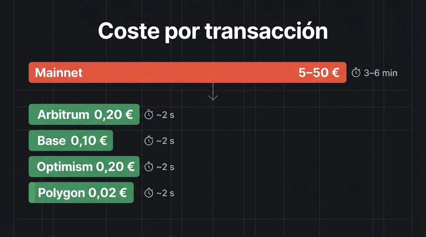 Comparativa visual de una misma transacción en Ethereum mainnet (varios euros) frente a Arbitrum, Base, Optimism y Polygon (unos céntimos)