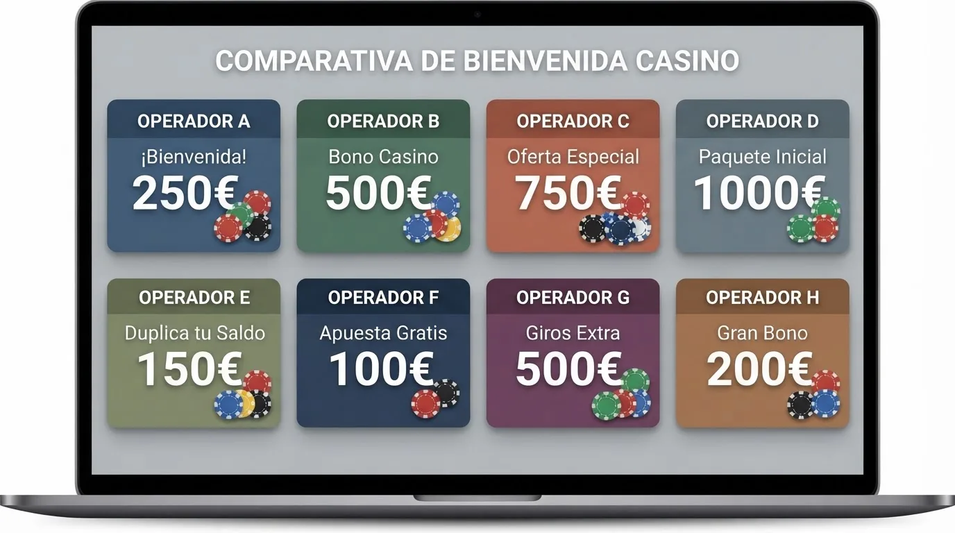 Pantalla dividida mostrando las fichas de varios casinos online con sus respectivos bonos de bienvenida, ordenadas en una comparativa visual