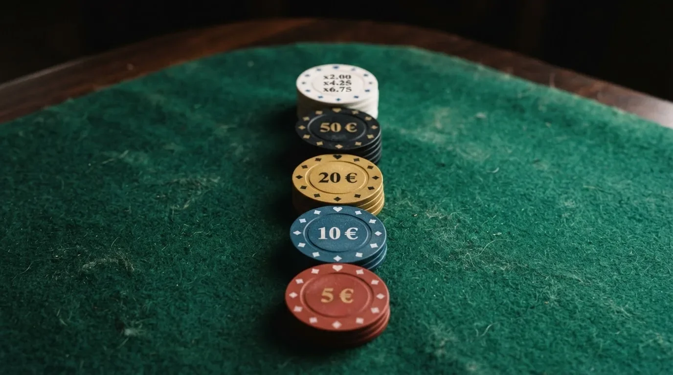 Tarjeta comparativa con fichas de casino dispuestas en columna, cada una con un valor y condiciones distintos escritos en pequeño.