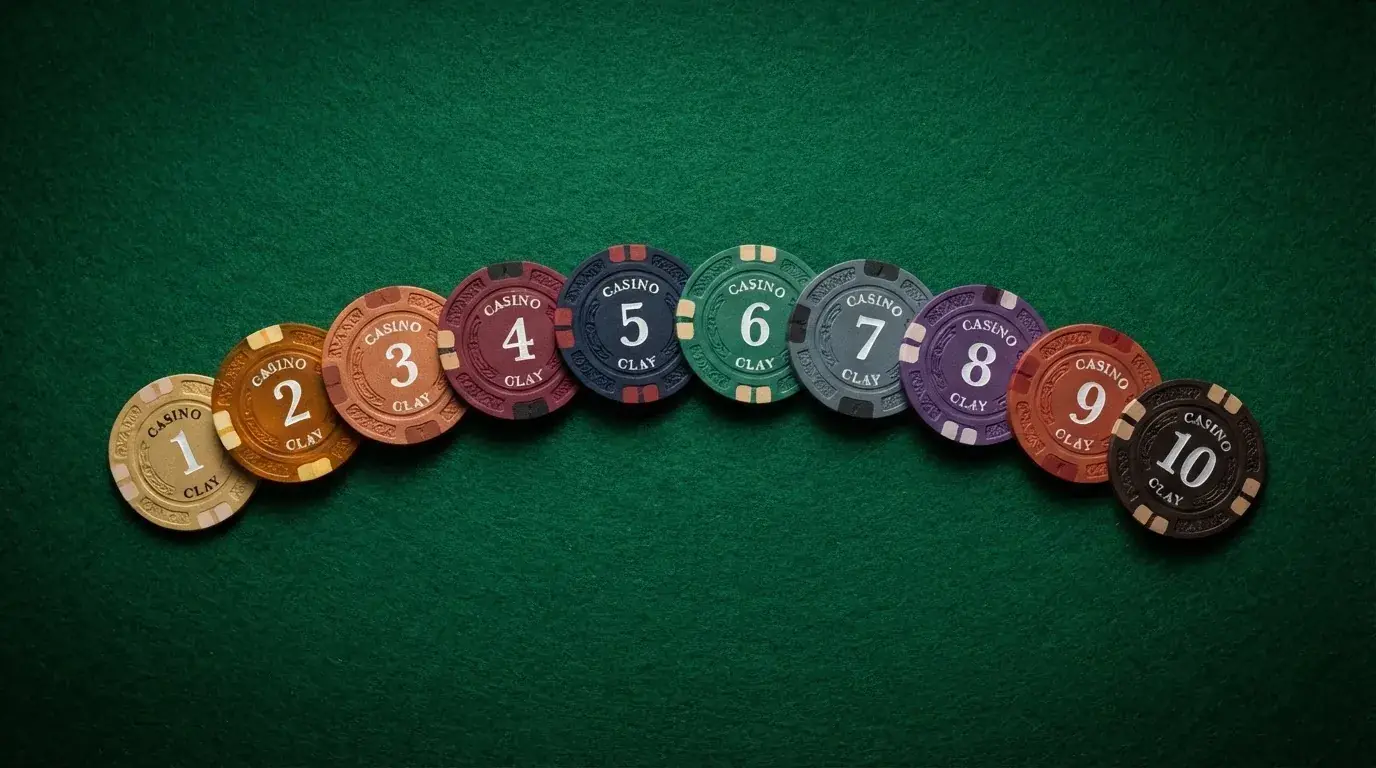 Representación visual de diez fichas de casino ordenadas por valor de depósito mínimo con los logotipos de los operadores destacados