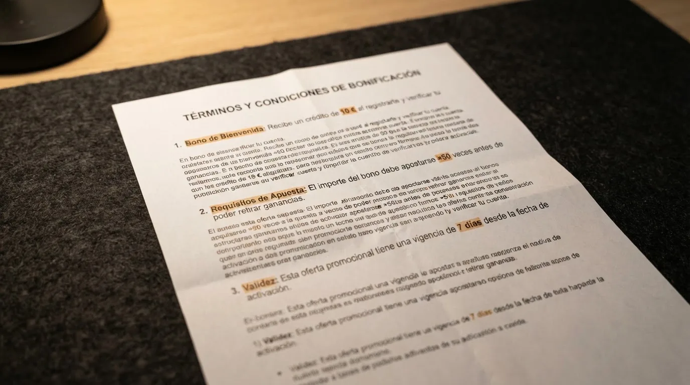 Primer plano de los términos y condiciones de un bono de casino destacando tres cifras: importe del bono, requisito de apuesta y plazo de validez