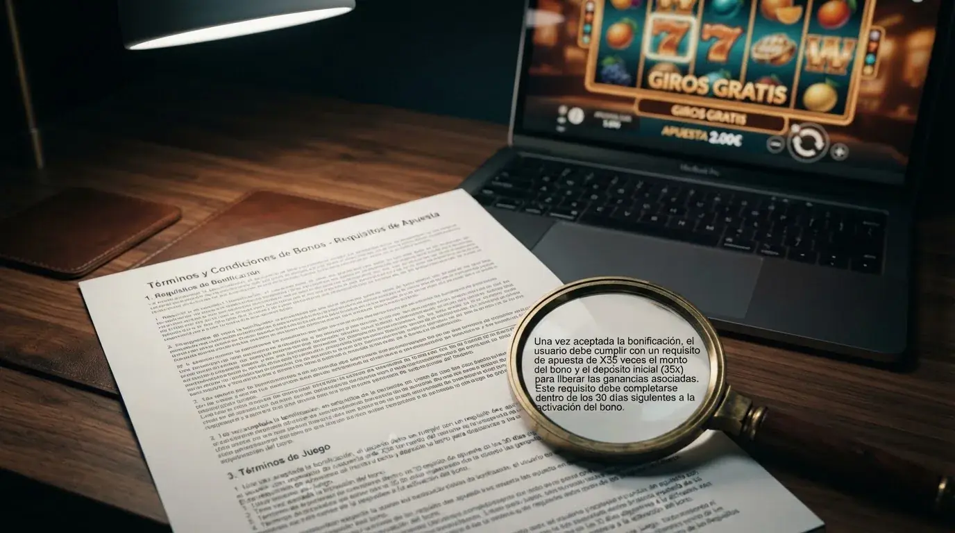 Primer plano de un documento con letra pequeña y una lupa sobre una cláusula de requisito de apuesta, con una slot de fondo desenfocada