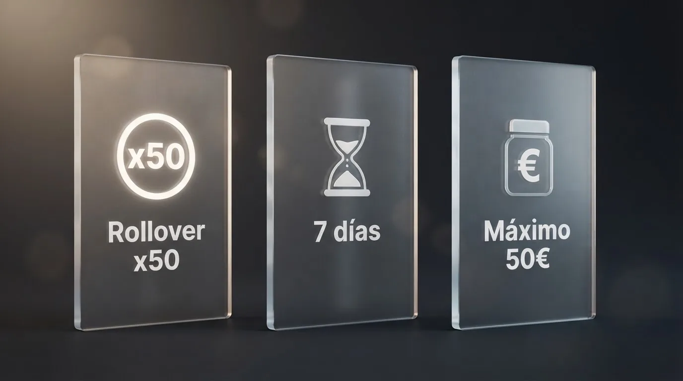 Pantalla de términos y condiciones de un bono sin depósito con los apartados de rollover, vigencia y ganancia máxima retirable resaltados
