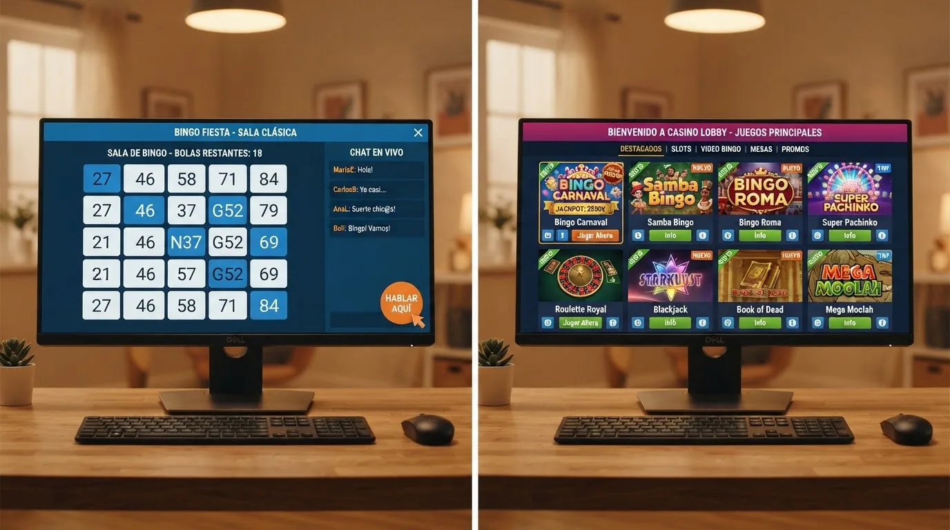 Composición con dos mitades: a la izquierda, sala de bingo puro con chat; a la derecha, lobby de casino con videobingo y slots