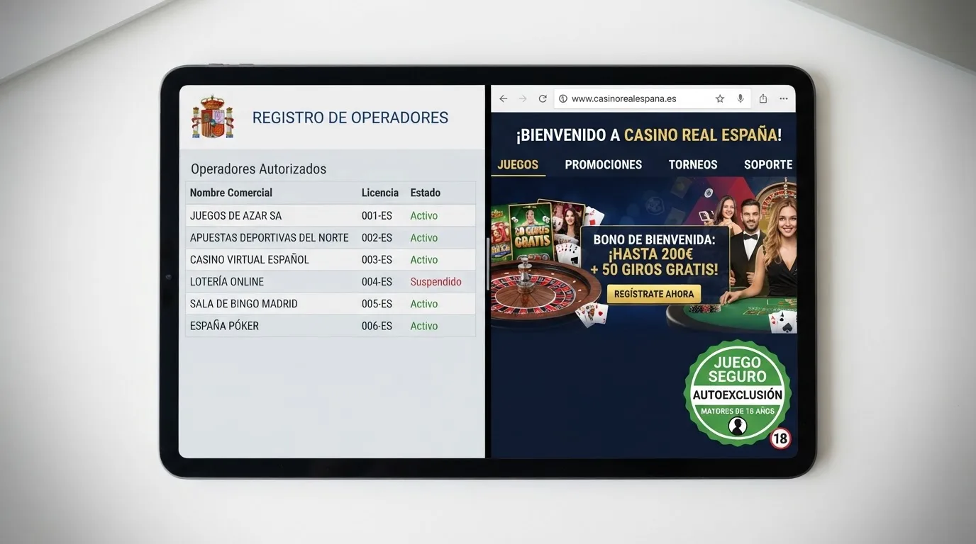 Pantalla dividida: a la izquierda, la web de la DGOJ con el listado de operadores autorizados; a la derecha, una web de casino con el dominio .es y el sello de juego seguro