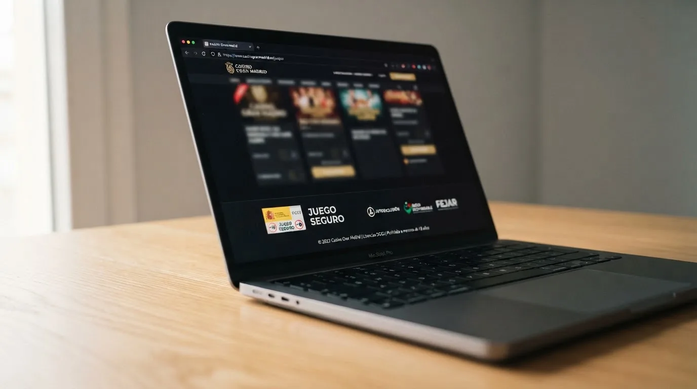 Primer plano del pie de página de un casino online español con el número de licencia DGOJ, el sello de Juego Seguro y el dominio .es visible