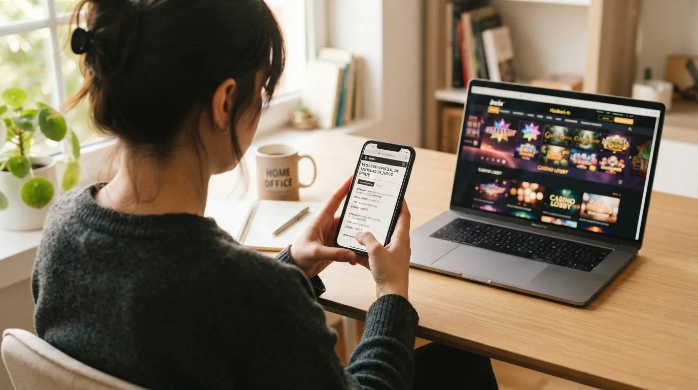 Una mano sujetando un teléfono con la web ordenacionjuego.es abierta en el registro de licencias, junto a un ordenador con un casino abierto.