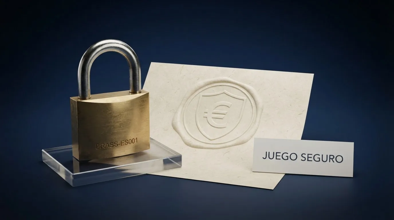 Sello oficial de la Dirección General de Ordenación del Juego junto a un candado sobre el dominio .es de un casino regulado español