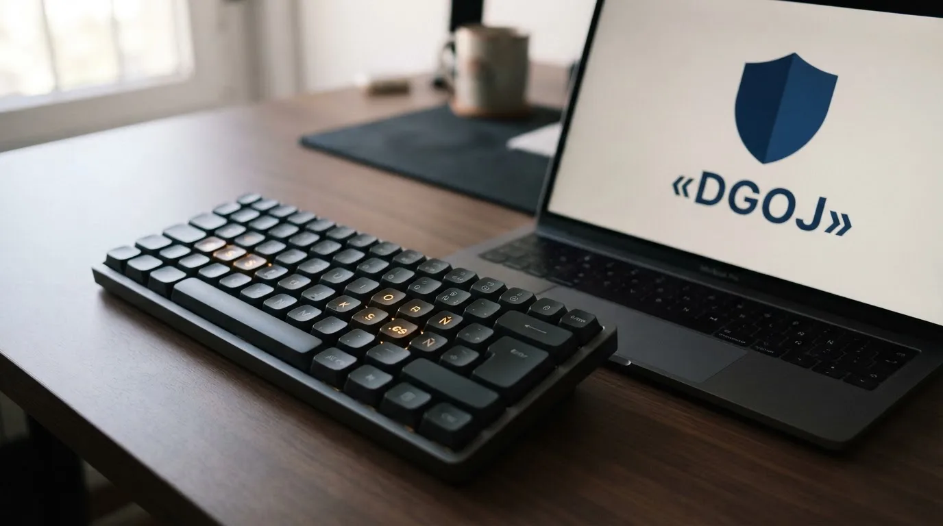 Primer plano de un teclado con la tecla «.es» iluminada, junto al escudo de la DGOJ en una pantalla de ordenador
