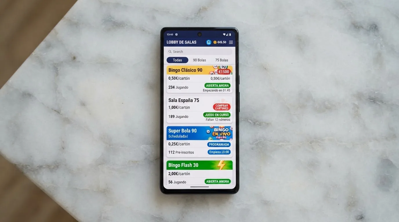 Lobby de salas de bingo virtual con distintas salas disponibles, precios de cartón y número de jugadores en cada una