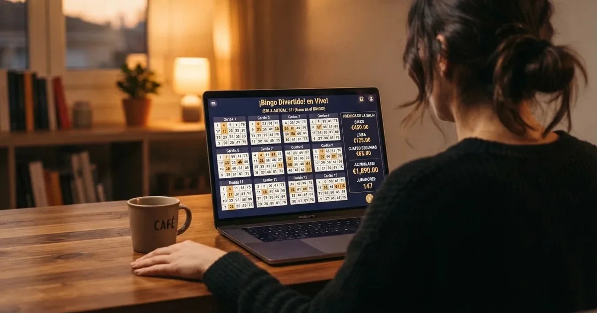Pantalla de un casino online español con sala de bingo abierta, cartones digitales con números marcados y panel de premios laterales