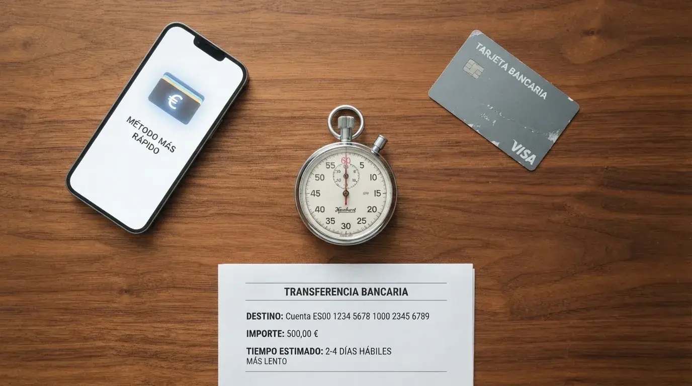 Comparativa visual de métodos de pago — PayPal, tarjeta, transferencia bancaria y Bizum — junto a un cronómetro que marca tiempos de retiro distintos para cada uno