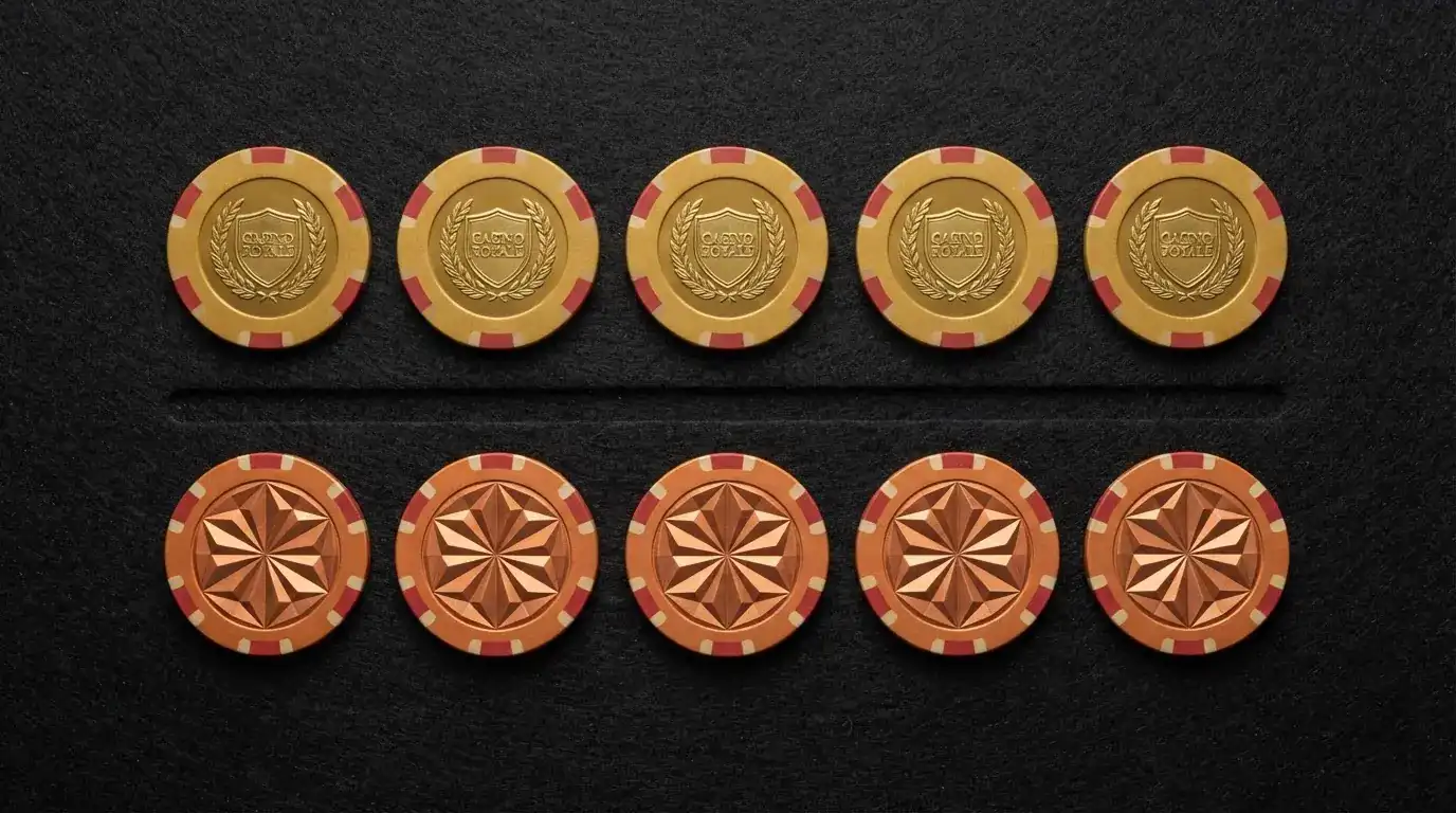 Diez fichas de casino alineadas en dos filas: cinco con el escudo de España en dorado, cinco con el símbolo de Bitcoin en naranja sobre fondo oscuro