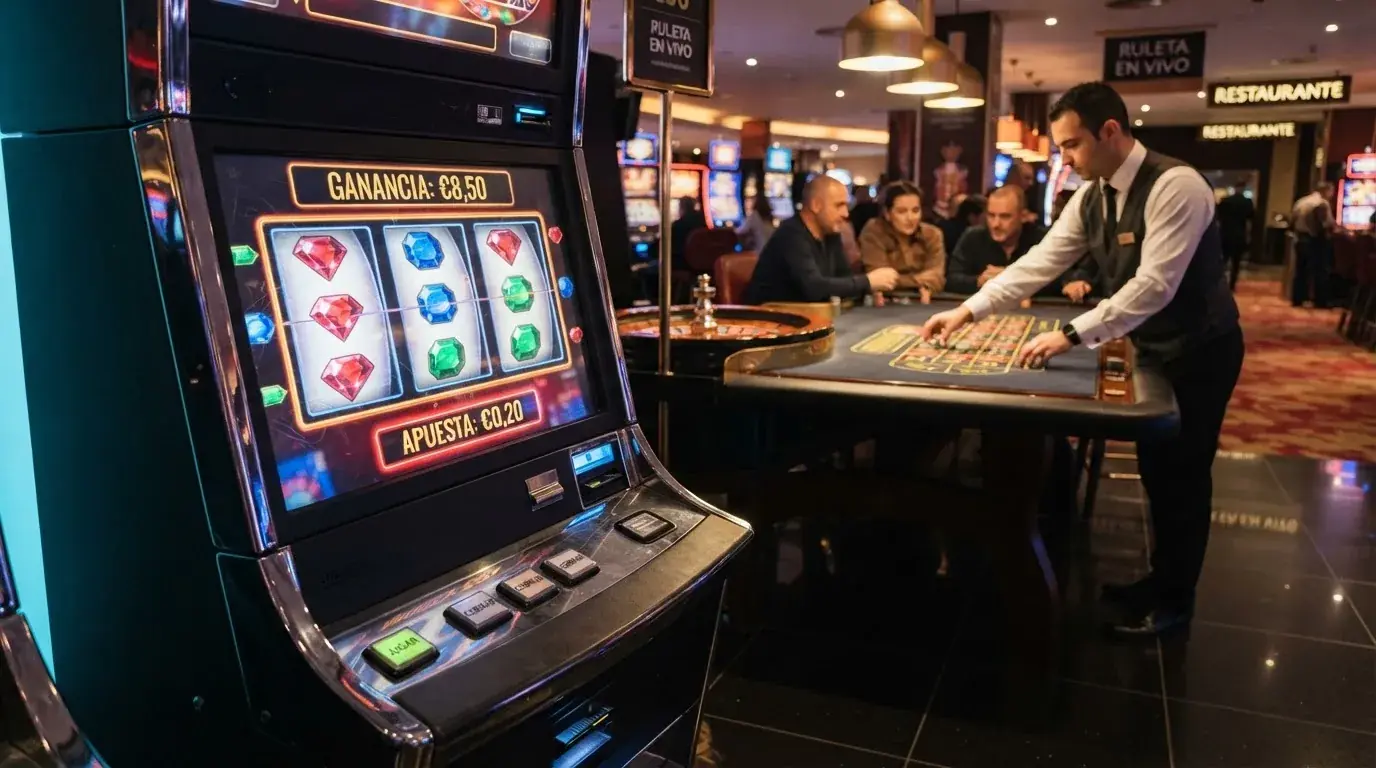 Una tragaperras online con apuesta mínima de 0,20 € junto a una mesa de ruleta en vivo con crupier real, ambas accesibles con un depósito de 20 euros